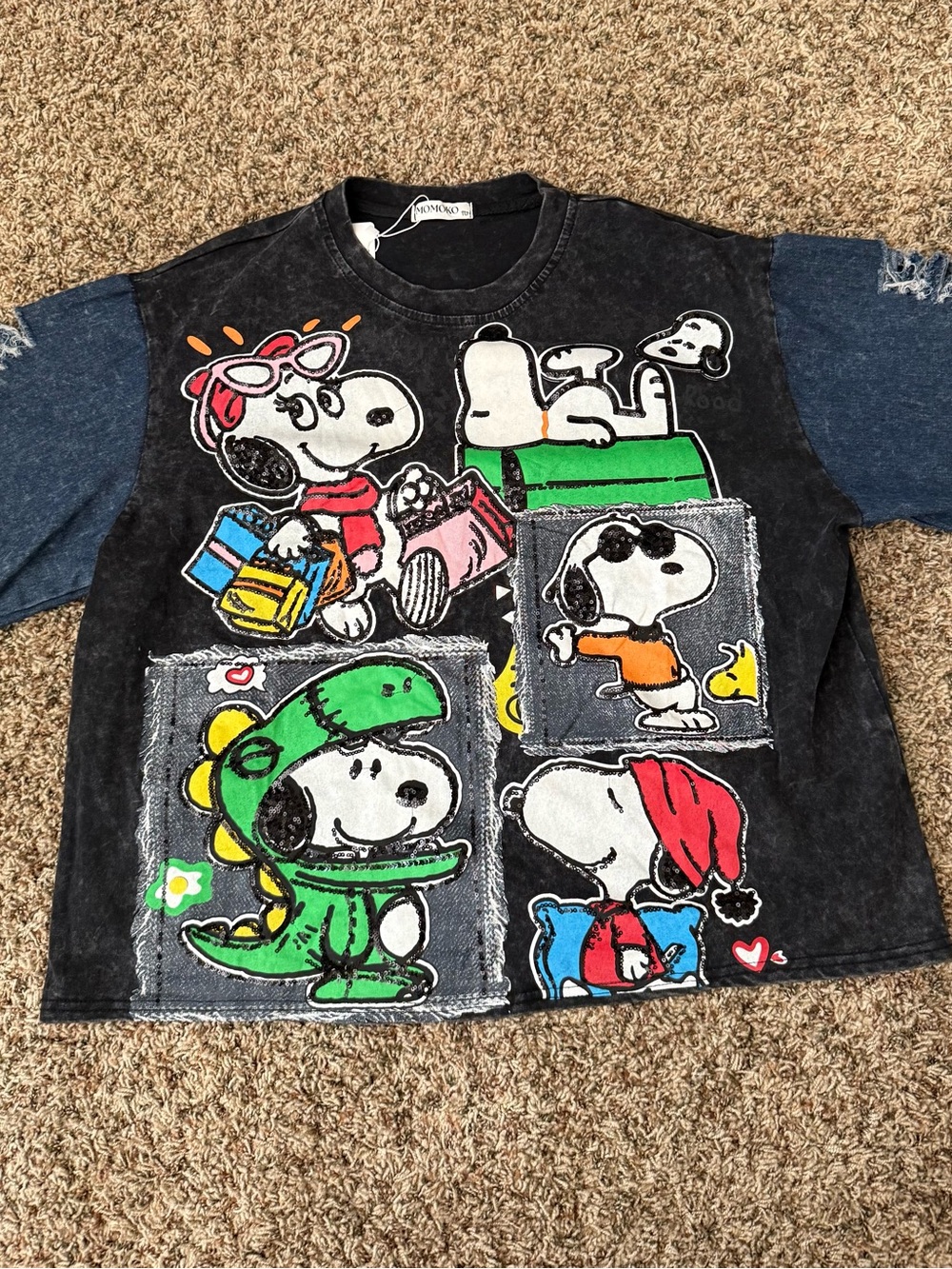Snoopy Patchwork Graphic Adult oversized Tee - Black & Denim - Large